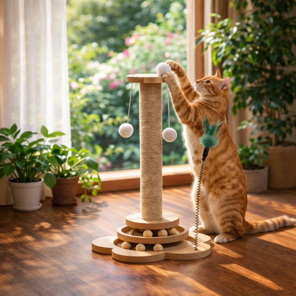 Griffoir Interactif 4-en-1 pour Chat en Bois - Poteau Sisal Piste Balles Plumes | Miaou&Co