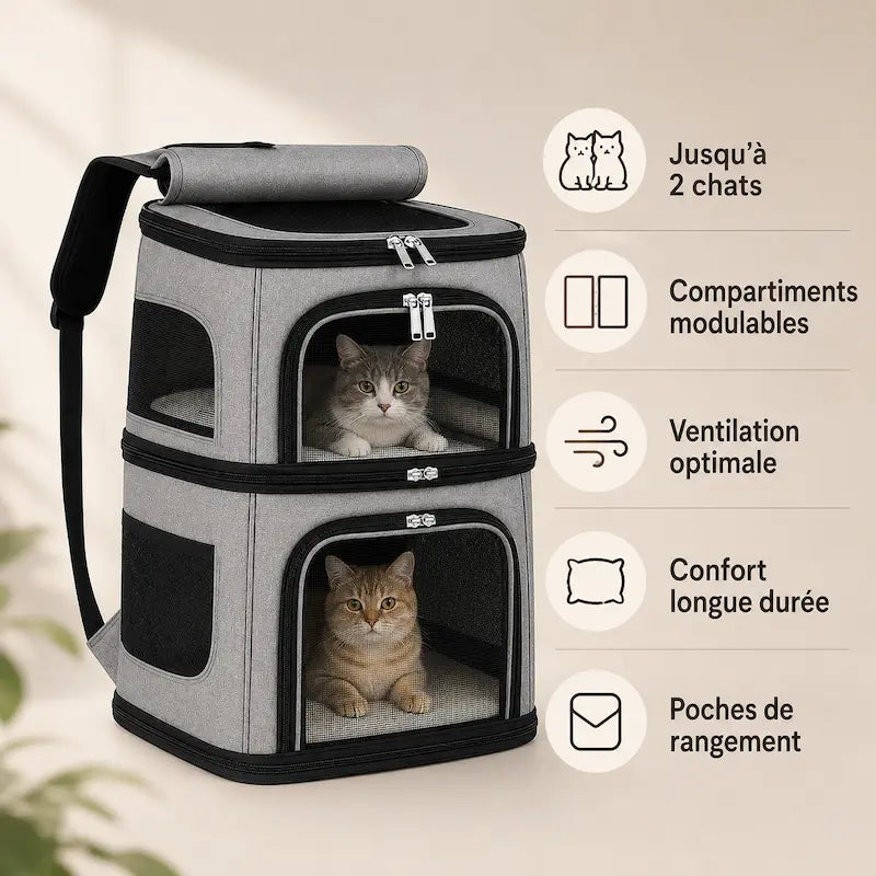 Sac à Dos de Transport pour 2 Chats à Double Compartiment - Spacieux et Respirant | Miaou&Co