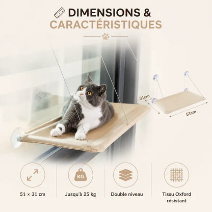 Hamac de Fenêtre pour Chat 35x55cm à Ventouses - Observatoire Ensoleillé sans Perçage | Miaou&Co