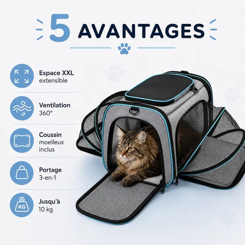Sac de Transport XXL pour Chat jusqu'à 10kg - Cocon Spacieux pour Grands Chats | Miaou&Co