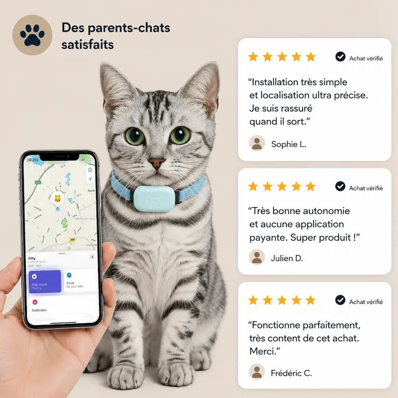 Collier de Localisation GPS pour Chat sans Abonnement - Suivi Temps Réel Compatible iOS | Miaou&Co