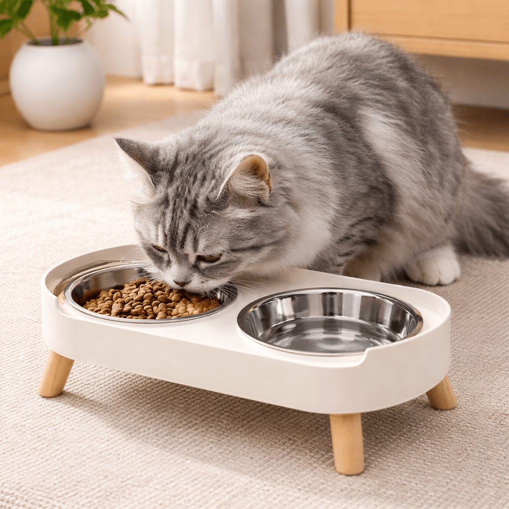 Gamelle Double Surélevée pour Chat en Acier Inoxydable - Anti-Éclaboussures Posture Naturelle | Miaou&Co
