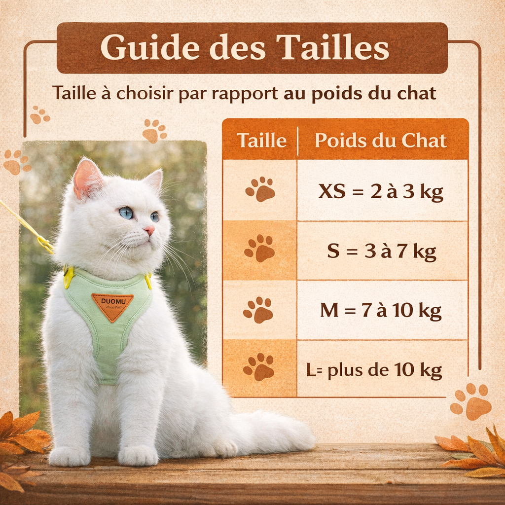 Harnais pour Chat Ajustable Anti-Fugue 4 Tailles XS à L - Coupe Enveloppante 3 Coloris | Miaou&Co