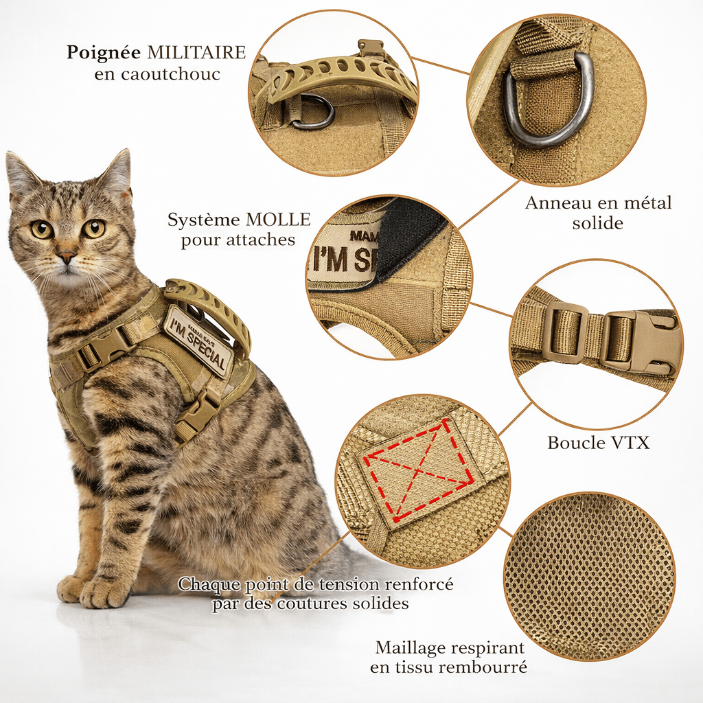 Harnais Militaire pour Chat avec Sangles Ajustables - Maintien Sûr en Balade 3 Coloris | Miaou&Co