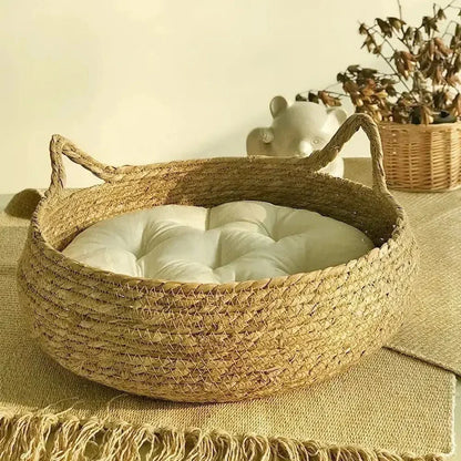 Panier en Osier pour Chat 45cm en Corde de Papier Tressée - Coussin Peluche Inclus | Miaou&Co