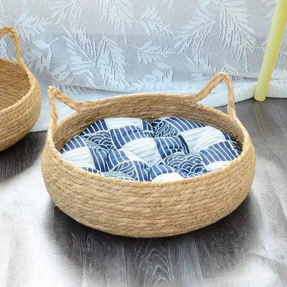 Panier en Osier pour Chat 45cm en Corde de Papier Tressée - Coussin Peluche Inclus | Miaou&Co