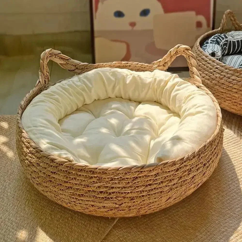 Panier en Osier pour Chat 45cm en Corde de Papier Tressée - Coussin Peluche Inclus | Miaou&Co