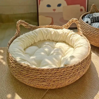 Panier en Osier pour Chat 45cm en Corde de Papier Tressée - Coussin Peluche Inclus | Miaou&Co