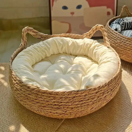 Panier pour Chat en Osier 45cm - Coussin Peluche Inclus | Miaou&Co