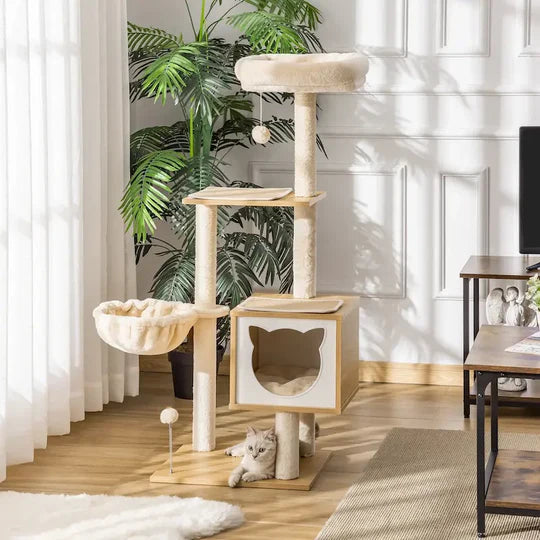 Arbre à Chat en Bois avec Hamac Suspendu - Design Moderne Stable pour Sieste en Hauteur | Miaou&Co