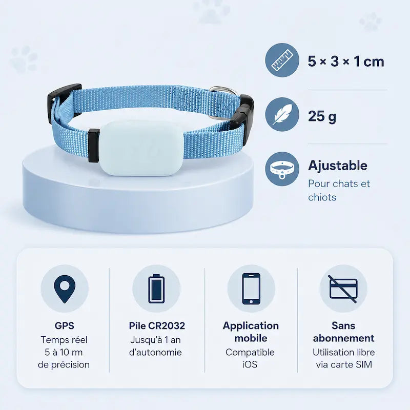 Collier de Localisation GPS pour Chat sans Abonnement - Suivi Temps Réel Compatible iOS | Miaou&Co