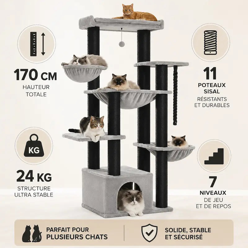 Arbre à Chat Multi-Plateformes 7 Niveaux - Tour de Jeu Stable pour Grimper et Sauter | Miaou&Co