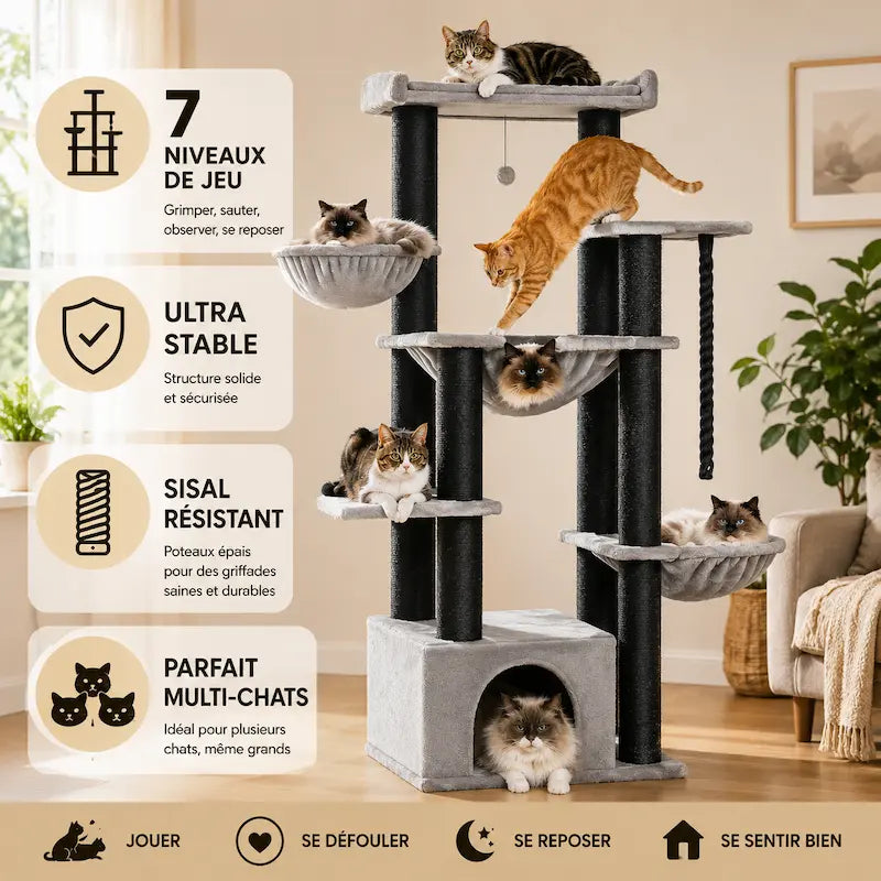 Arbre à Chat Multi-Plateformes 7 Niveaux - Tour de Jeu Stable pour Grimper et Sauter | Miaou&Co