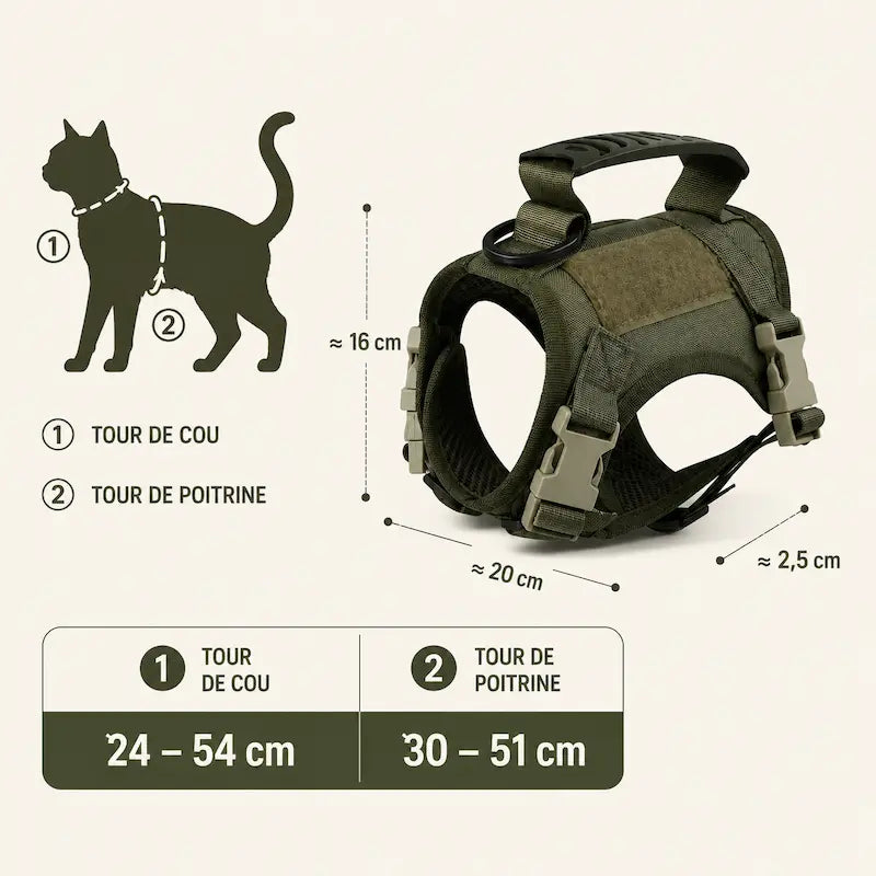 Harnais Tactique Robuste pour Chat Anti-Fugue 3 Coloris - Confort Renforcé Extérieur | Miaou&Co