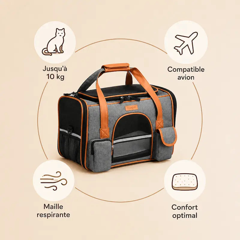 Sac de Transport pour Chat jusqu'à 10kg Maintien Renforcé - Idéal Avion et Vétérinaire | Miaou&Co