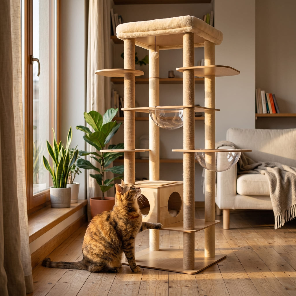 Miaou & Co Arbre à Chat en Bois Multi-Niveaux avec Niches et Hamac - Stable pour Plusieurs Chats