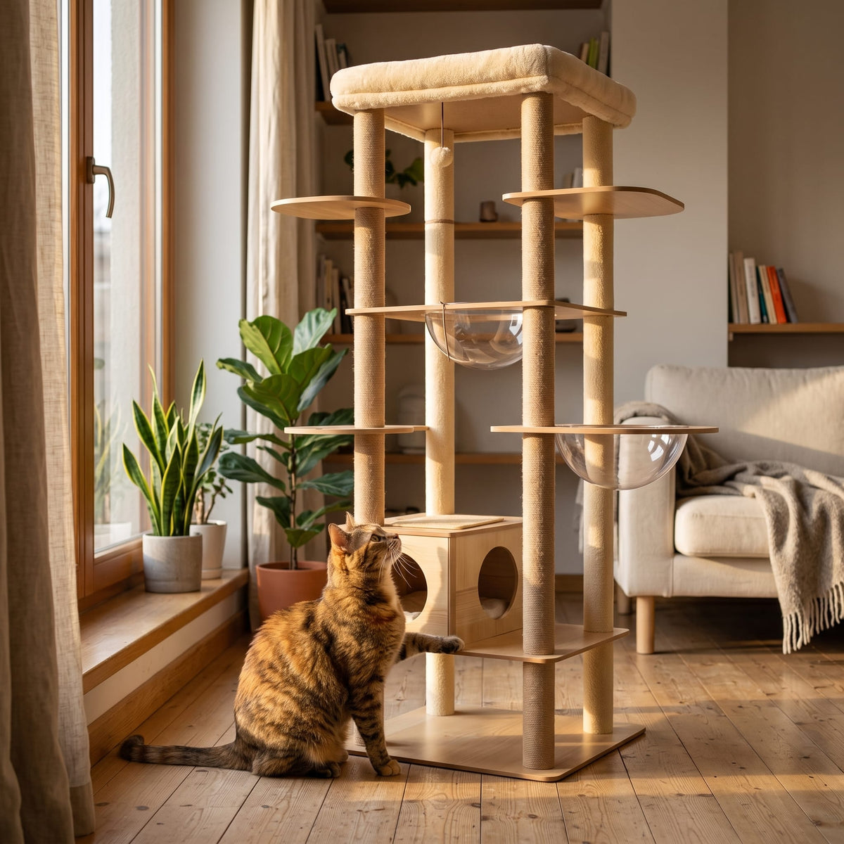 Miaou & Co Arbre à Chat en Bois Multi-Niveaux avec Niches et Hamac - Stable pour Plusieurs Chats