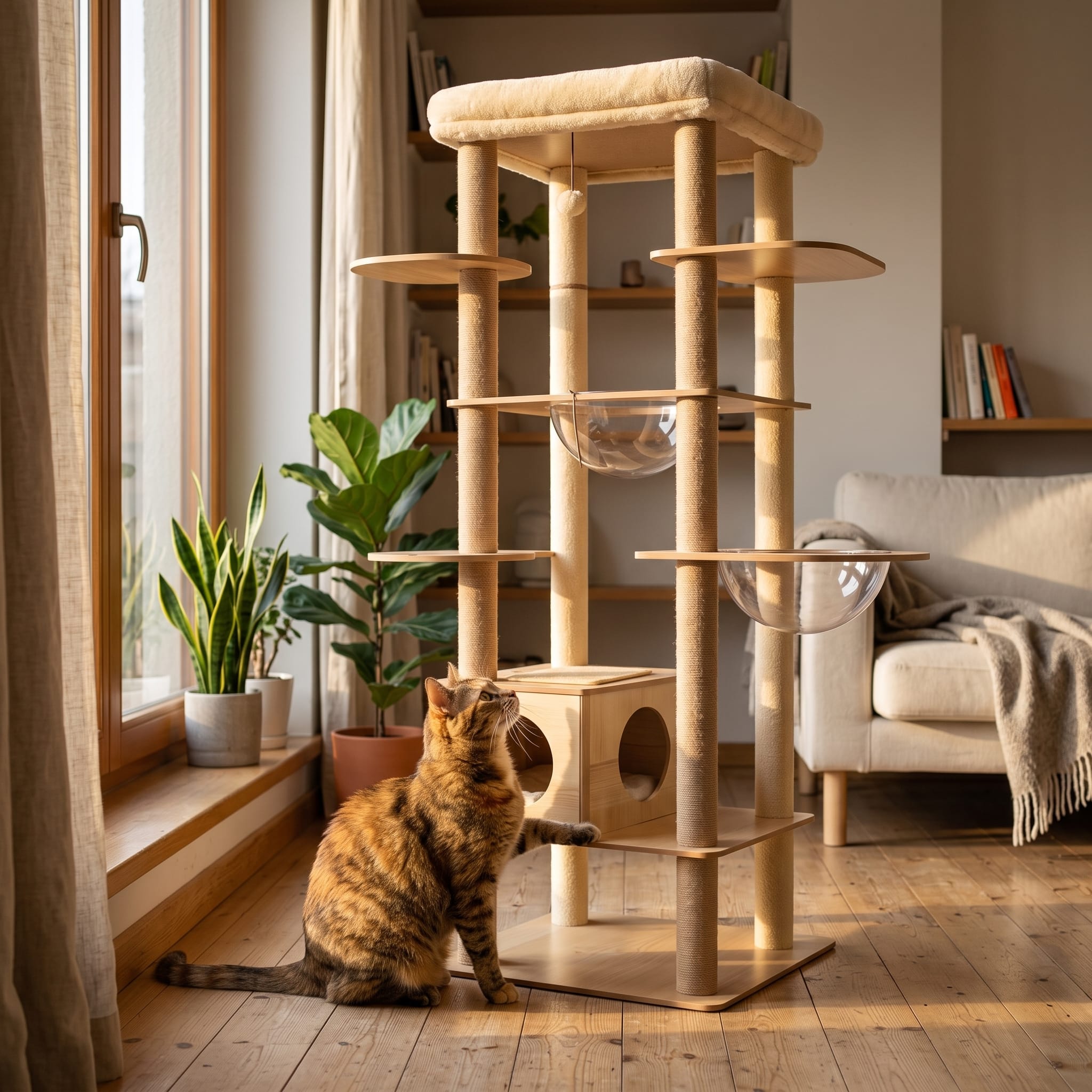 Miaou & Co Arbre à Chat en Bois Multi-Niveaux avec Niches et Hamac - Stable pour Plusieurs Chats