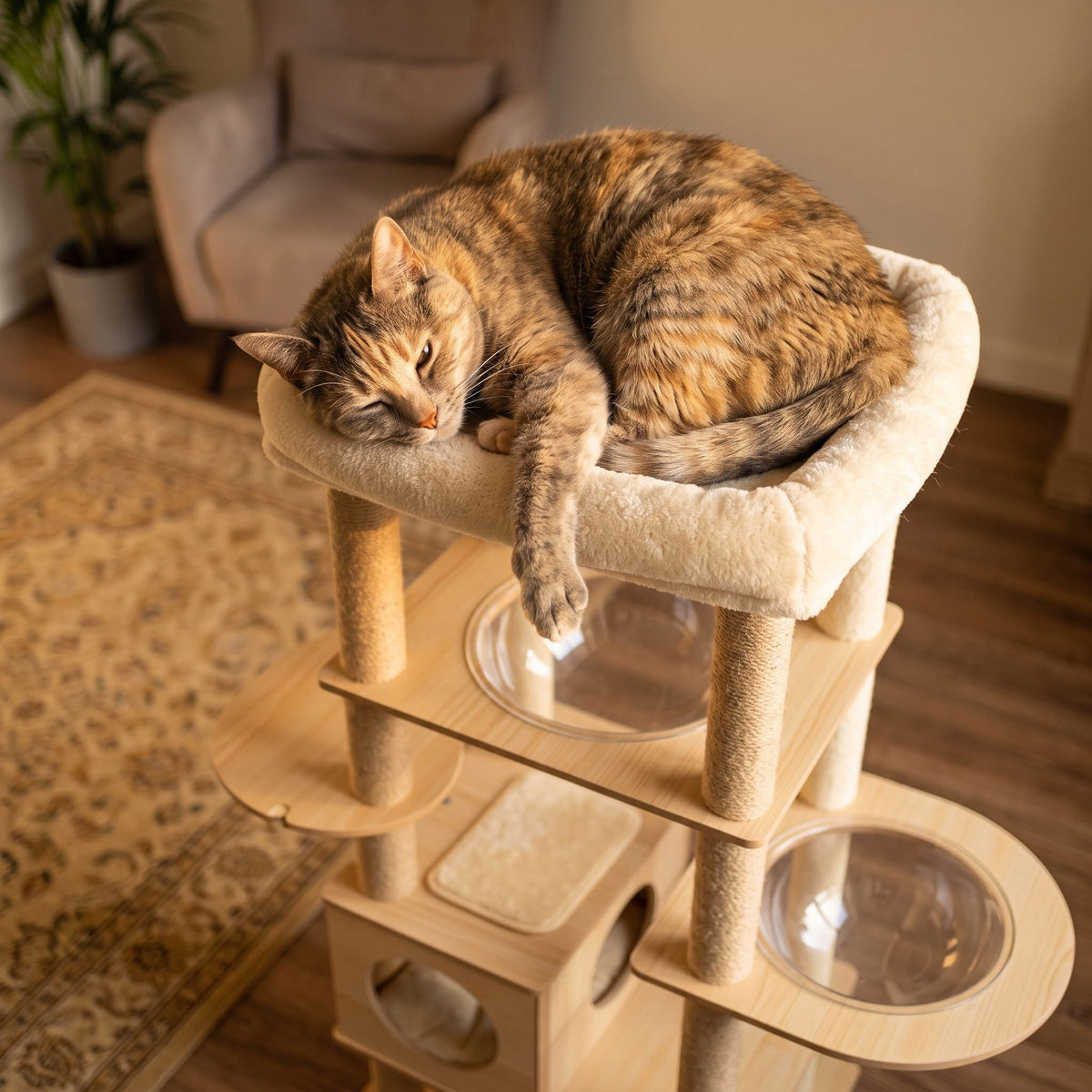 Miaou & Co Arbre à Chat en Bois Multi-Niveaux avec Niches et Hamac - Stable pour Plusieurs Chats