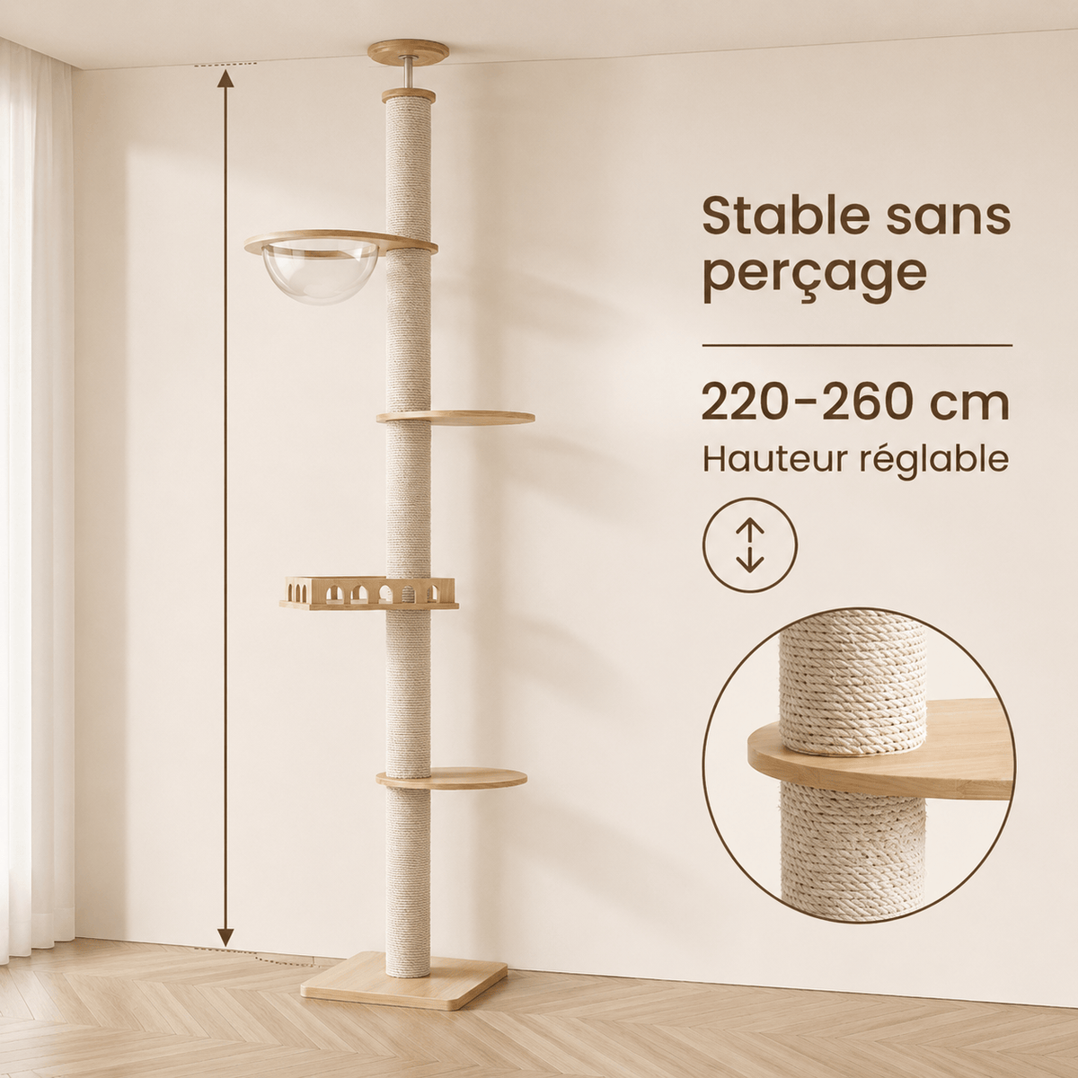 Miaou & Co Arbre à Chat Plafond Réglable - Stable Sans Perçage