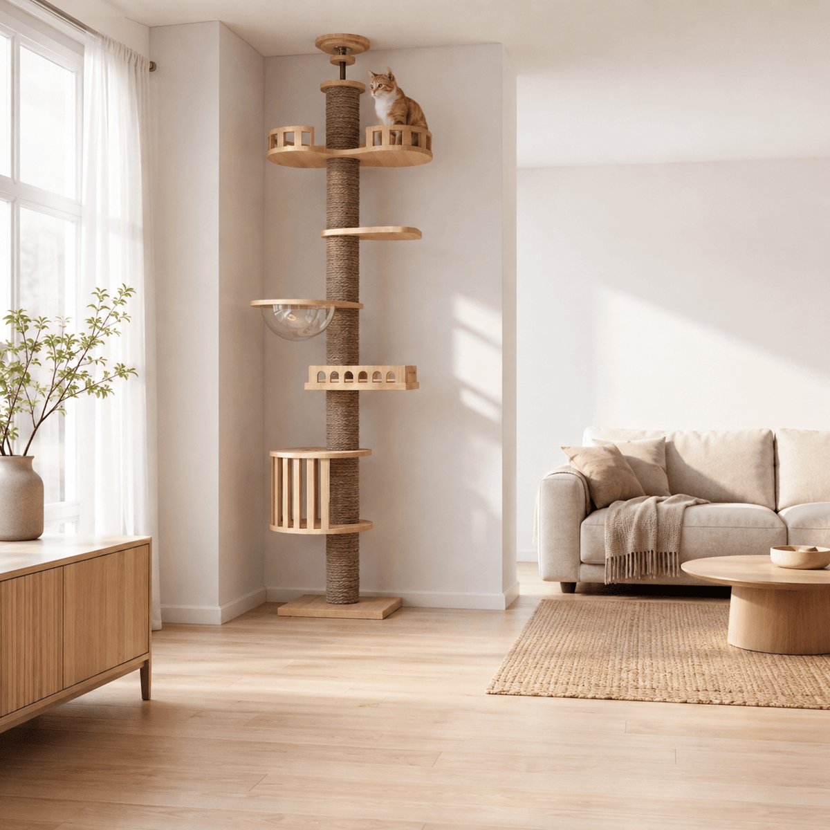 Miaou & Co Arbre à chat XXL du Sol au Plafond en Bois Naturel 4 Modèles