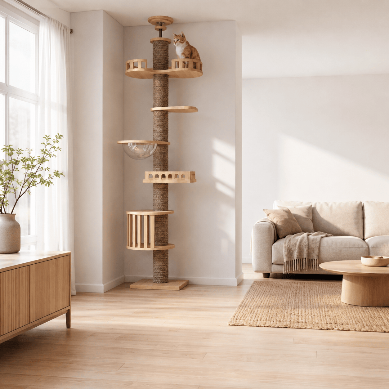 Miaou & Co Arbre à chat XXL du Sol au Plafond en Bois Naturel 4 Modèles Image