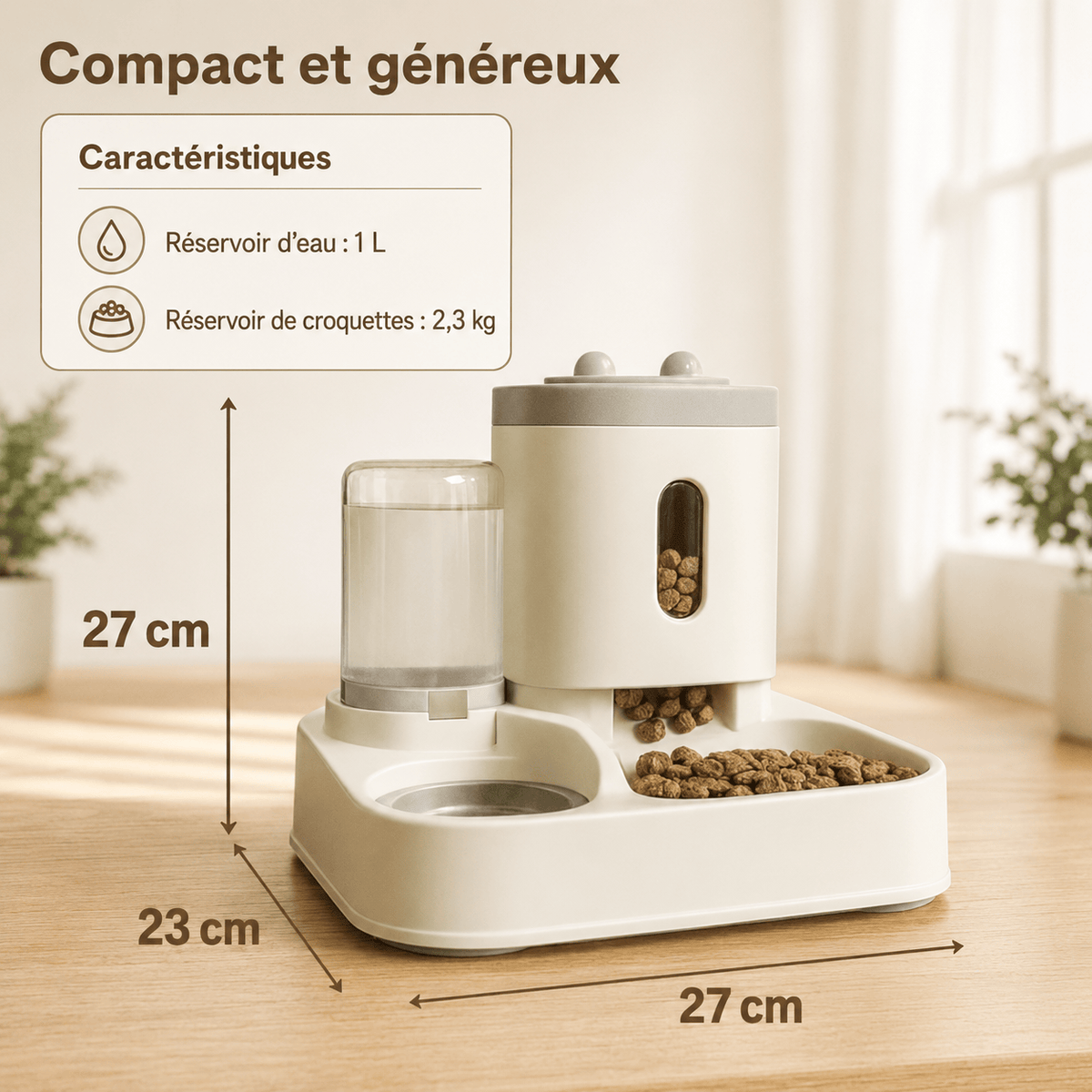 Miaou & Co Distributeur de Croquettes 2-en-1 pour Chat avec Fontaine à Eau - Repas et Hydratation