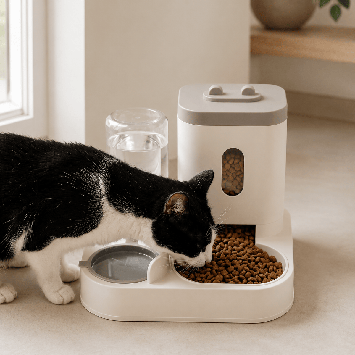 Miaou & Co Distributeur de Croquettes 2-en-1 pour Chat avec Fontaine à Eau - Repas et Hydratation