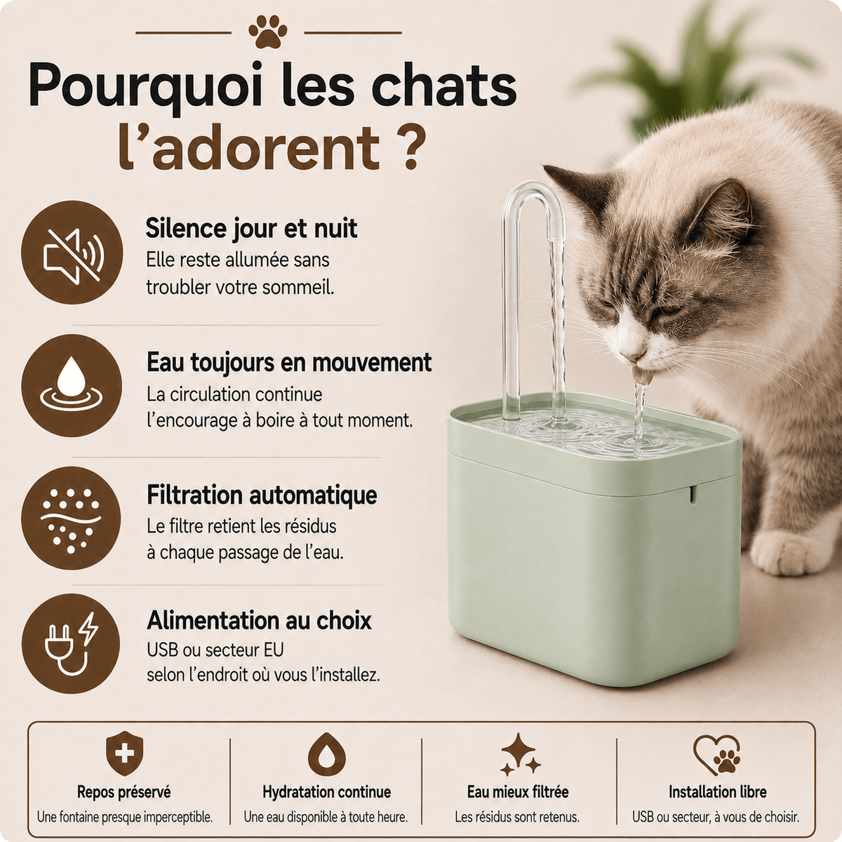 Miaou & Co Fontaine à Eau Chat Ultra-Silencieuse USB