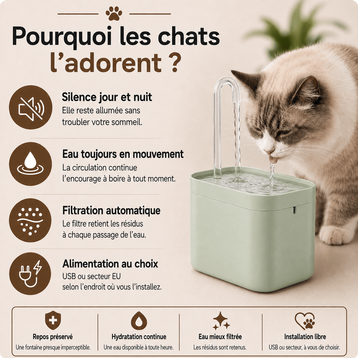 Miaou & Co Fontaine à Eau Chat Ultra-Silencieuse USB