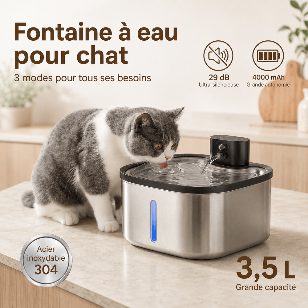 Miaou & Co Fontaine à Eau Intelligente Sans Fil pour Chat 3,5 L en Acier Inoxydable