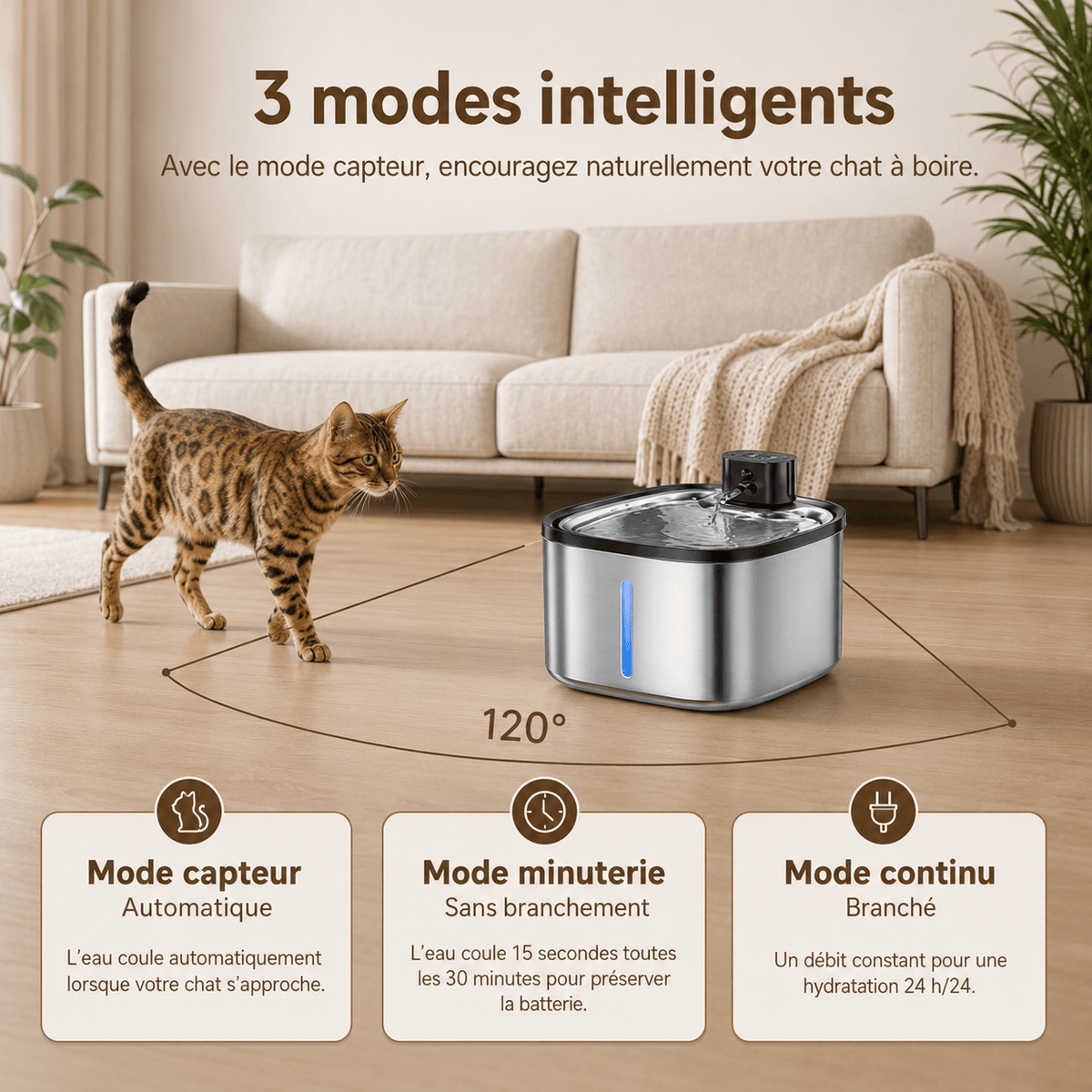 Miaou & Co Fontaine à Eau Intelligente Sans Fil pour Chat 3,5 L en Acier Inoxydable