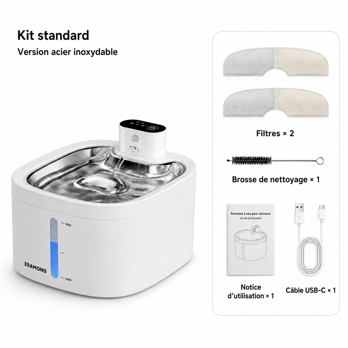Miaou & Co Fontaine à Eau pour Chat avec Détecteur de Mouvement en Acier Inoxydable
