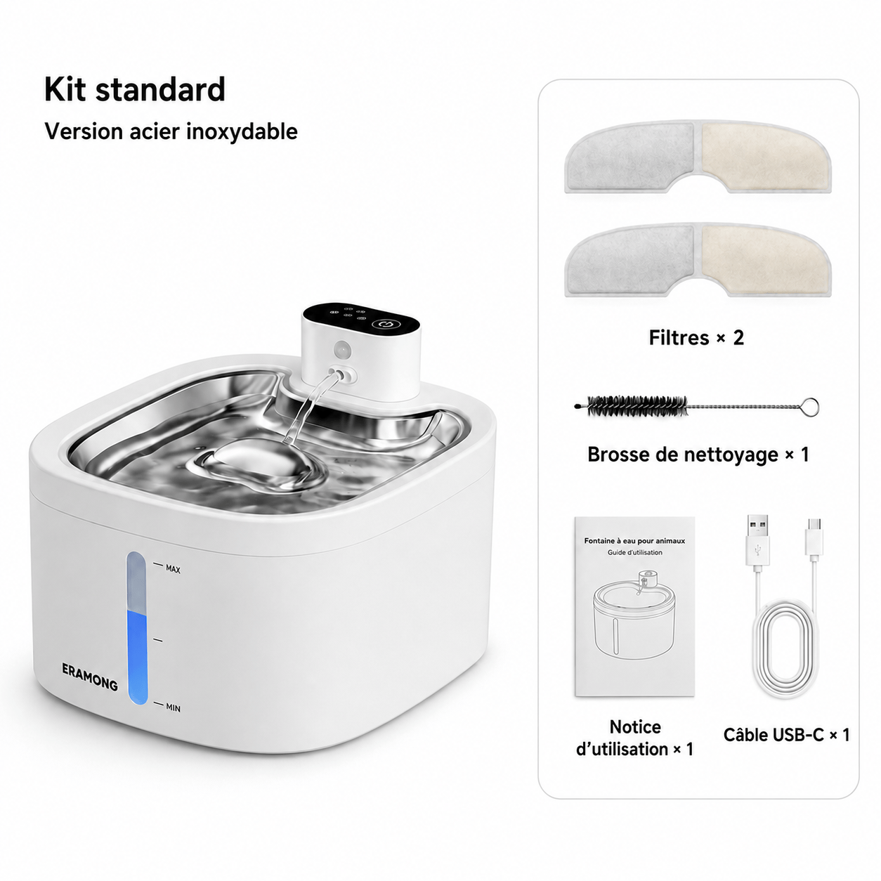 Miaou & Co Fontaine à Eau pour Chat avec Détecteur de Mouvement en Acier Inoxydable