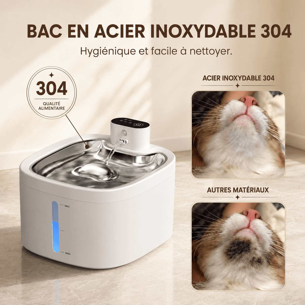 Miaou & Co Fontaine à Eau pour Chat avec Détecteur de Mouvement en Acier Inoxydable