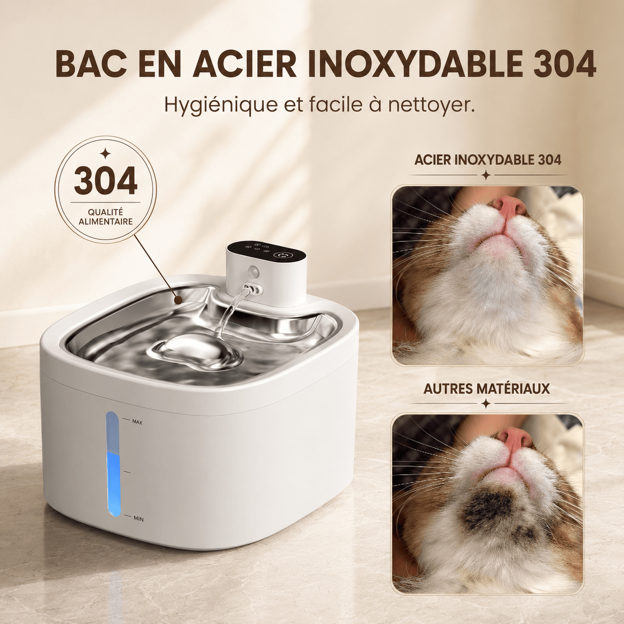 Miaou & Co Fontaine à Eau pour Chat avec Détecteur de Mouvement en Acier Inoxydable