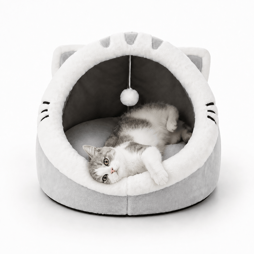 Miaou & Co Panier Igloo pour Chat Fermé avec Coussin Réversible et Pompon