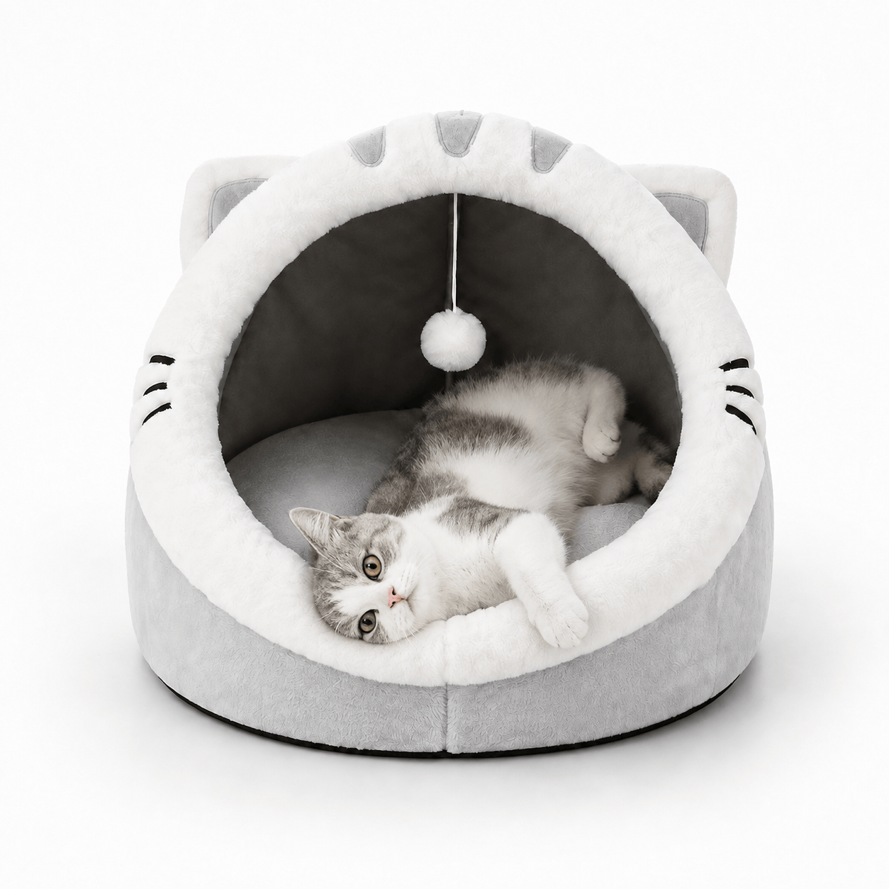 Miaou & Co Panier Igloo pour Chat Fermé avec Coussin Réversible et Pompon