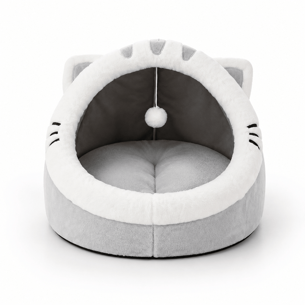 Miaou & Co Panier Igloo pour Chat Fermé avec Coussin Réversible et Pompon