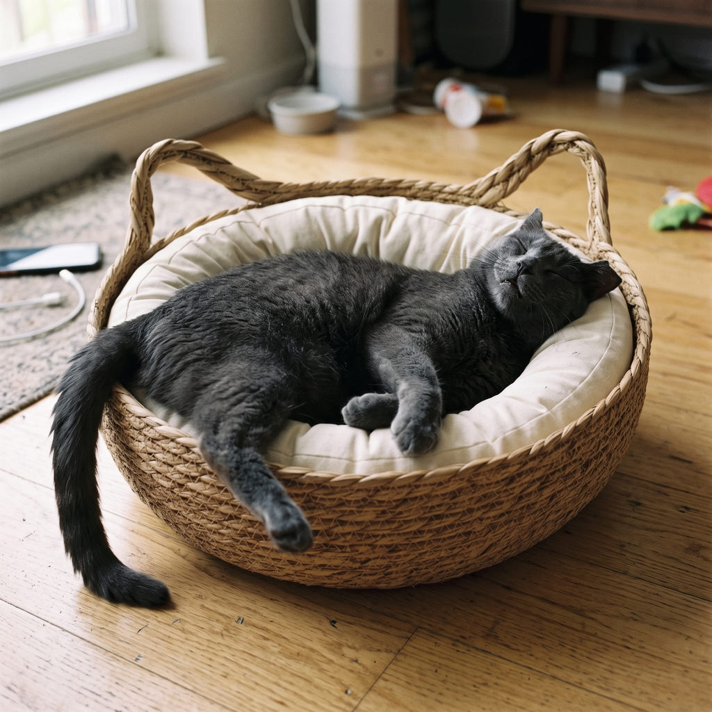 Miaou & Co Panier pour Chat en Osier 45cm - Coussin Peluche Inclus