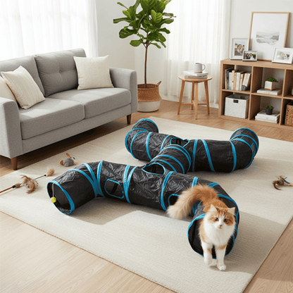 Tunnel de Jeu pour Chat 130x110cm Modulable - Cachette d'Exploration 2 Formats | Miaou&Co