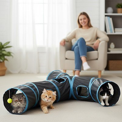 Tunnel de Jeu pour Chat 130x110cm Modulable - Cachette d'Exploration 2 Formats | Miaou&Co